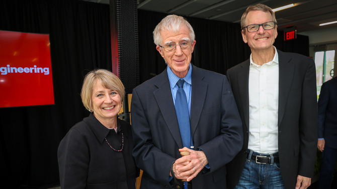 Beckie Robertson ’82 with her undergraduate mentor, Professor Emeritus Michael Shuler (middle), and husband Neil Robertson ’82 during an April 23 ceremony celebrating Beckie Robertson as the recipient of the Cornell Duffield Engineering Distinguished Alumni Award.