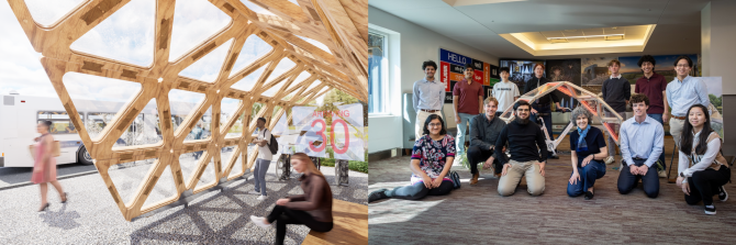 bus shelter rendering on the left, group of students on the right