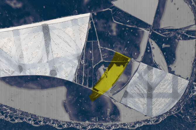 Photo-based illustration of a person's face reflected (upside down) in pieces of a broken mirror, some of which have been replaced with pencil-sketched patterns