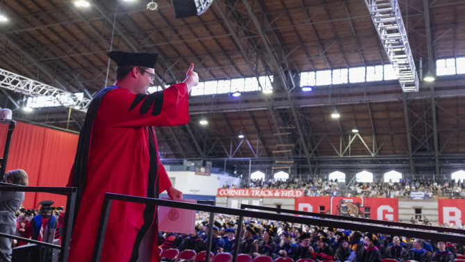 After crossing the stage to shake Provost Kavita Bala’s hand, the candidates received a certificate from Thomas A. Lewis, dean of the Graduate School and vice provost for graduate education.