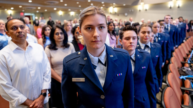 In Statler Auditorium on May 22, Katie Teague '26 leads graduating seniors to the stage to commission as second lieutenants in the U.S. Air Force and Space Force.
