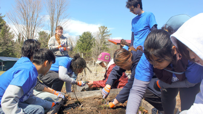A group of students clean out a raised garden bed