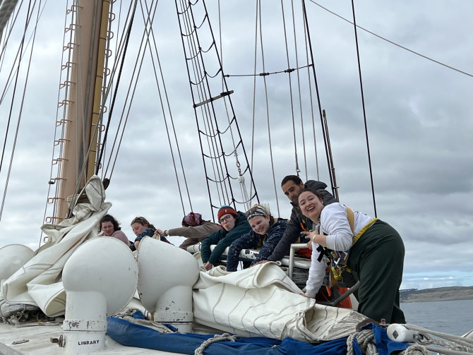 Ana Hoffman Sole and fellow students on the deck of their boat.