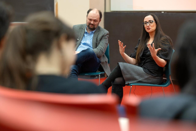 Kate Manne, professor of philosophy in the College of Arts and Sciences, discussed declining birth rates and family size with Ross Douthat, a New York Times columnist, as part of the course Disagreement, offered in A&S in the spring semester.