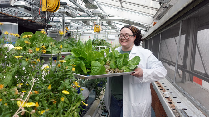 Maya Kutz, extension support specialist for Cornell University Cooperative Extension-NYC, holds a tray of plants growing in the Cornell Hydroponics Learning Labs.