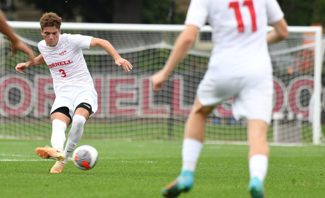 Aidan Martin ’28 passes to a teammate during the Cornell men’s soccer team’s 3-0 victory over Marist in 2024 at Berman Field in Ithaca.