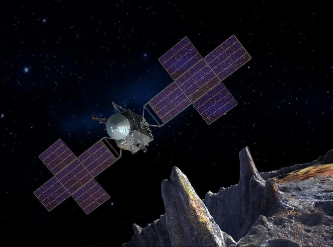 Space telescope with long purple panels extending to each side, against a black backdrop of space with a rocky surface beneath