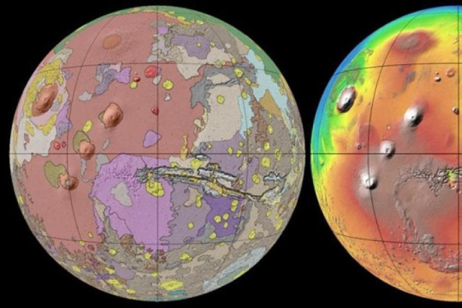 Two circles with colorful patches all over them, depicting facts about the geology of Mars