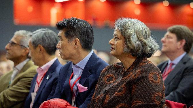 Provost Kavita Bala listens to the State of the University.