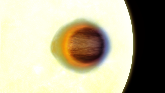 WASP-17b transiting in front of its star revealing the shape of its absorbing atmosphere through James Webb Space Telescope observations. The hot extended red side is gas transported from the permanently irradiated dayside across the evening limb of the planet, the cooler blue side is less extended as the gas has cooled across the nightside of the planet and it is being transported across the morning limb. This technique can be used to measure the changing weather patters around the planet, resolving the sh