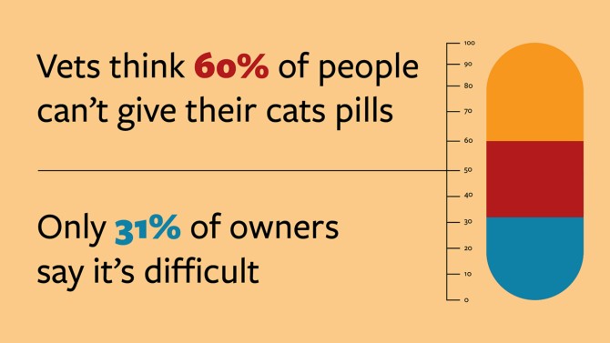 Illustration saying 60% of people can't give their cats pills on the top; On the bottom it says only 31% of owners say it's difficult