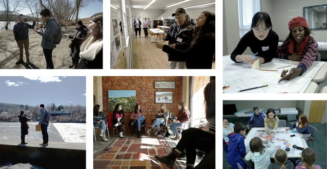 People sitting and standing together in a collage of different indoor and outdoor settings.