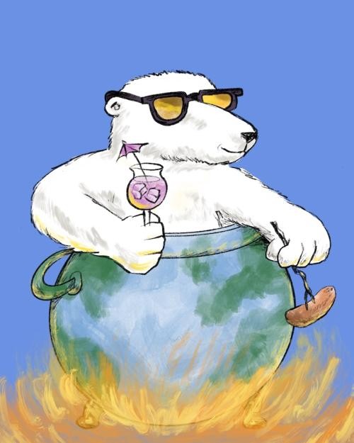 A fire is buring under a cartoon caudron painted like the planet earth, but a polar bear sitting in the pot is wearing sunglasses, holding an umbrella-garnished drink and roasting a weenie in the flames. He is unconcerned