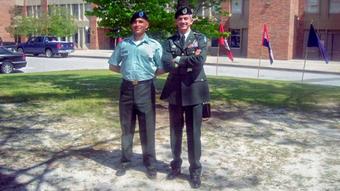 Farid Ferdows ’21 (left) and Chief Warrant Officer Tim Mueller in 2008 at Ferdows’ graduation from Army Basic Combat Training.