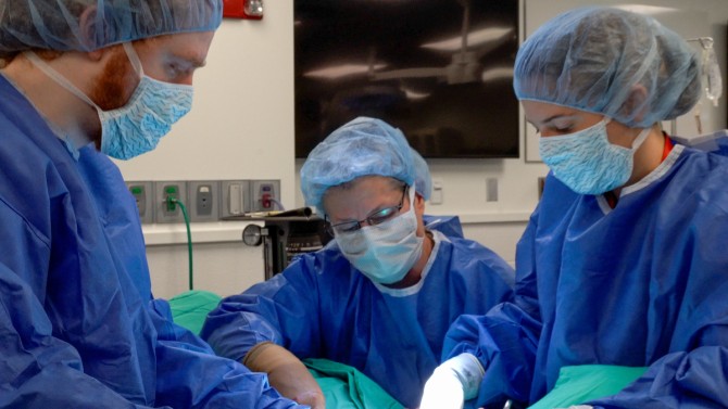 Susan Fubini leads two students in surgery, all wearing caps, masks, scrubs and gloves.