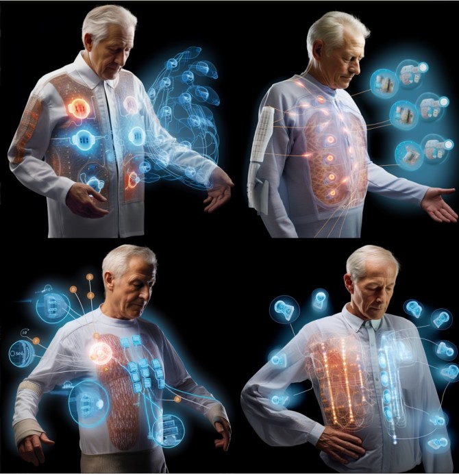 Grace Honeyman ’26 gave the AI platform Midjourney the prompt “create a schematic image of an elderly man wearing a piezoelectric nanogenerator embedded textile for medical monitoring” to create this image.