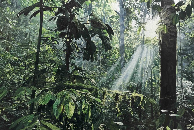 painting of lush green jungle landscape with sun through the trees