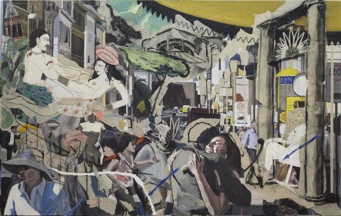 collage paining of figures overlapping in city scape