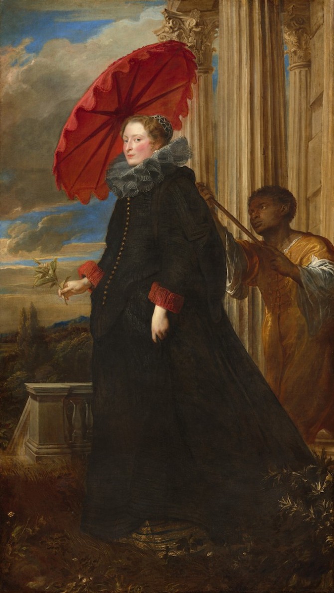 Painting showing a regal woman in magnificent black dress; a servant holds a red parasol over her