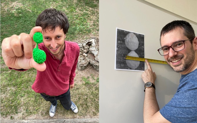 man on left holds a green model cell, man on right holds a ruler to a photo of cells.