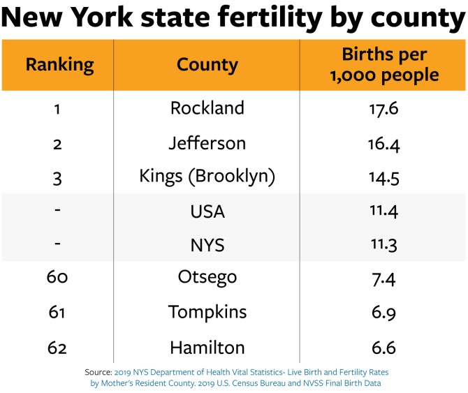 Graphic detailing fertility rates in different counties of New York
