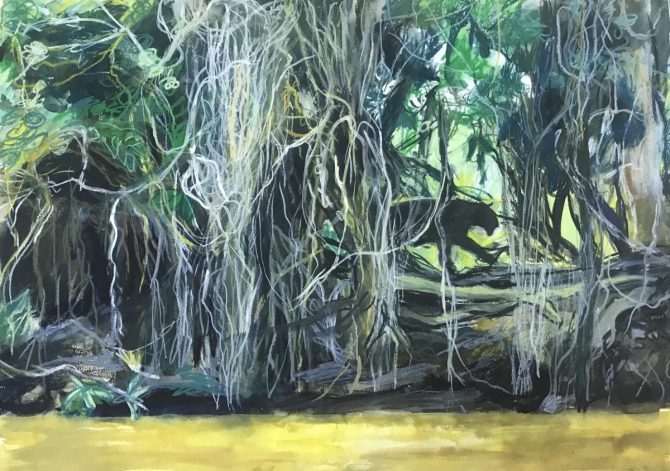 a painting of a dark black cat in the jungle
