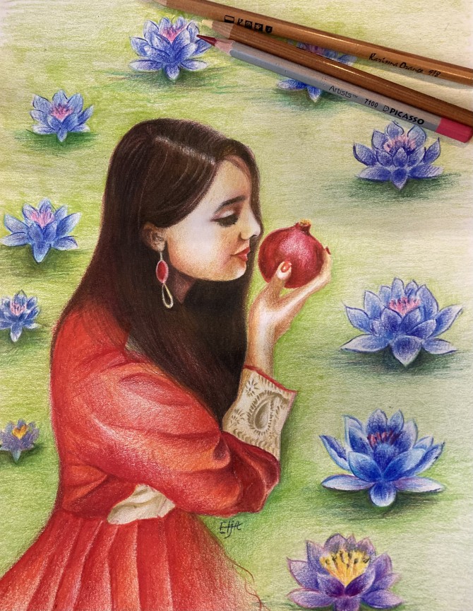 “The Lotus,” by Elja Sharifi: Girl in red holding pomegranate.