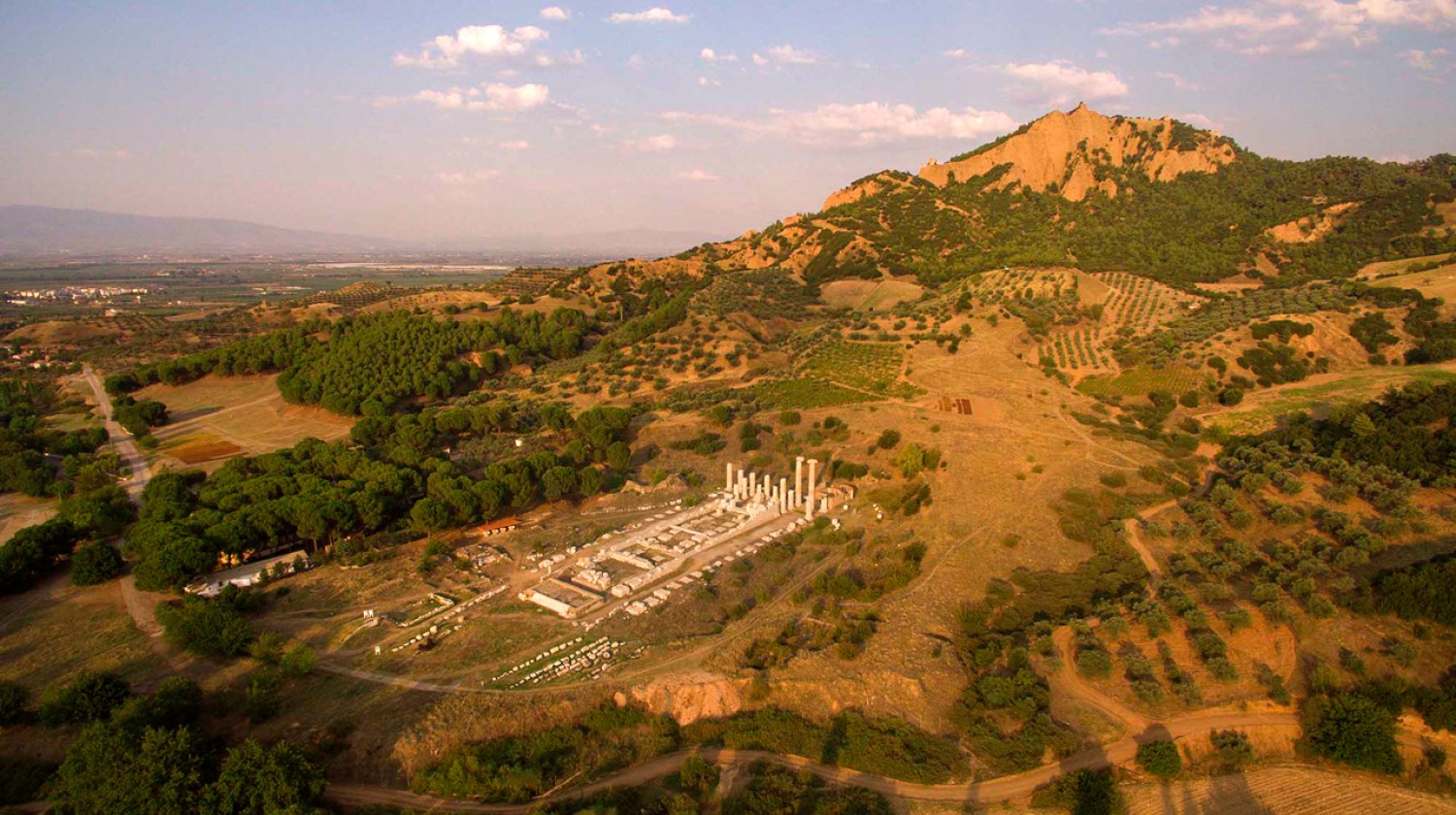 An aerial view shows the Temple of Artemis and the acropolis that were excavated in Sardis.