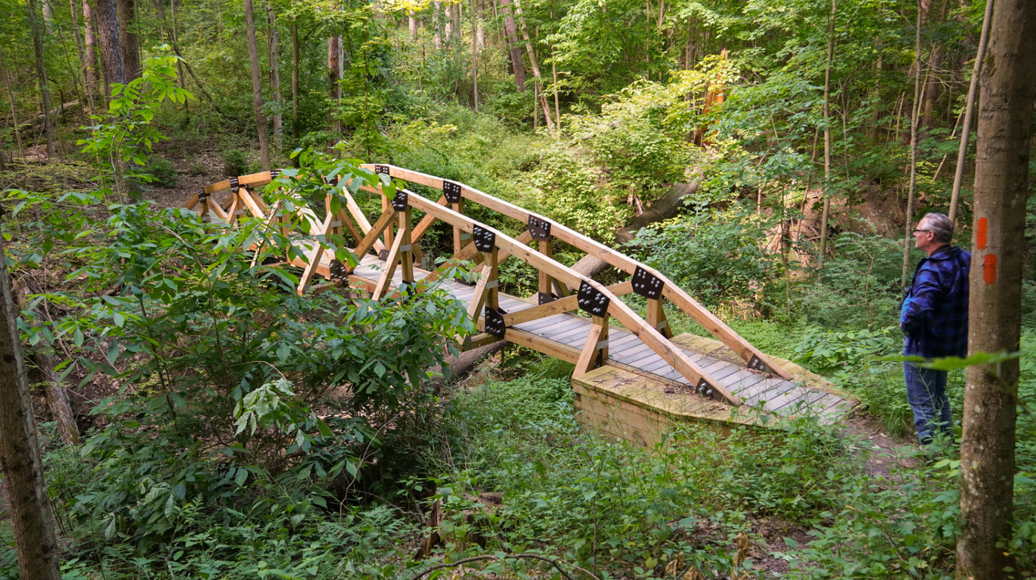Cornell students built a 45-foot truss bridge in the Monkey Run Natural Area along the Cayuga Trail in the Town of Dryden.