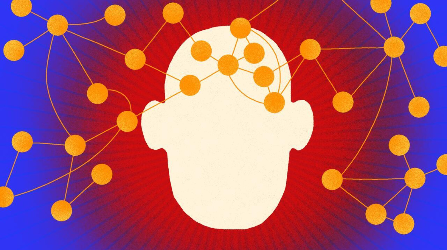 Illustration of a head with a blue and red background surrounded by yellow molecules