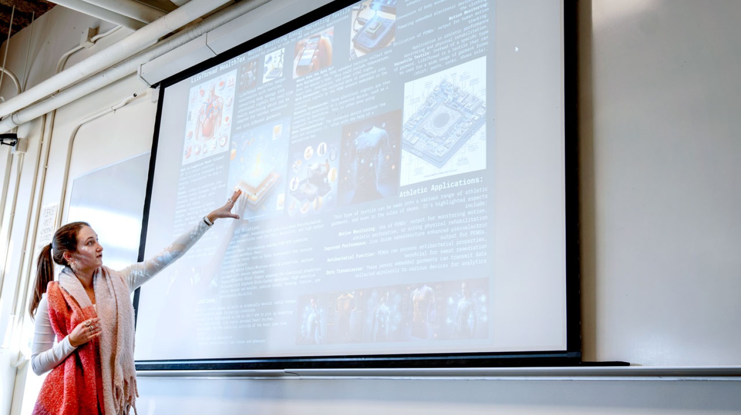 Grace Honeyman ’26 describes her final project, made with AI, for Prof. Juan Hinestroza’s class “Textiles, Apparel and Innovation Design” in fall 2023.