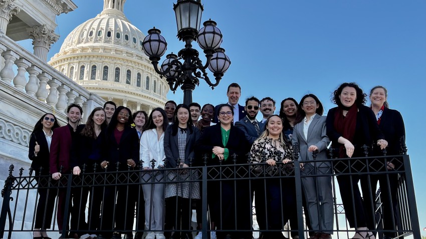 Cornell doctoral students with Rep. Josh Riley