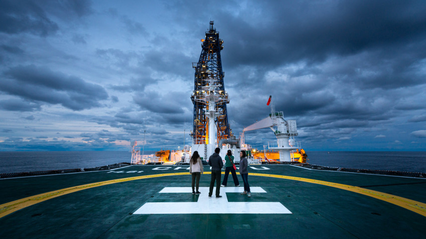 On the deck of the deep-sea drilling ship Chikyu, the vessel for the International Ocean Discovery Program Expedition 405.