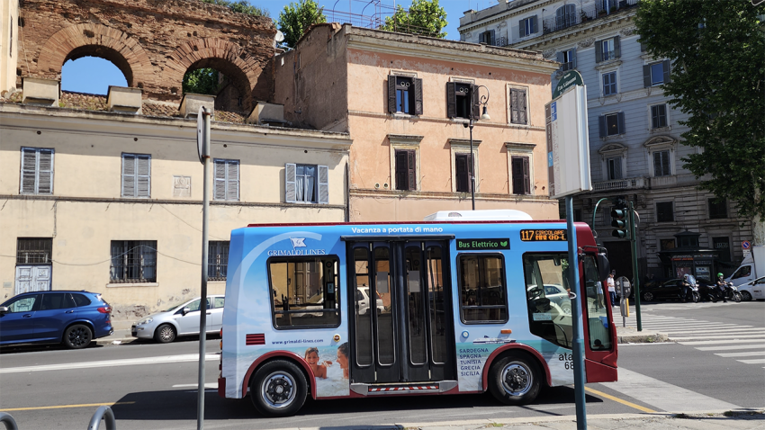 An electric bus in Rome, Italy, is one of hundreds planned for the city’s growing fleet of public transportation vehicles.