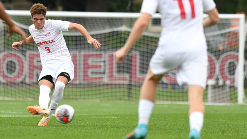 Aidan Martin ’28 passes to a teammate during the Cornell men’s soccer team’s 3-0 victory over Marist in 2024 at Berman Field in Ithaca.