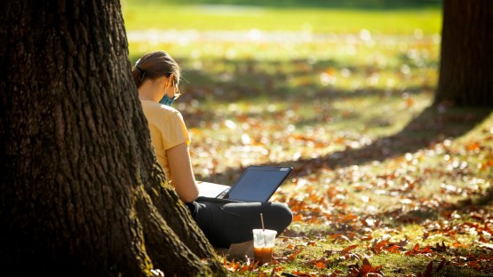 A student studies on the Arts Quad.