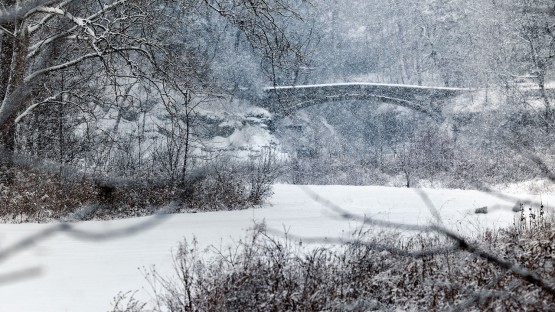 The bridge at Bebee Lake is covered in snow following a winter storm.