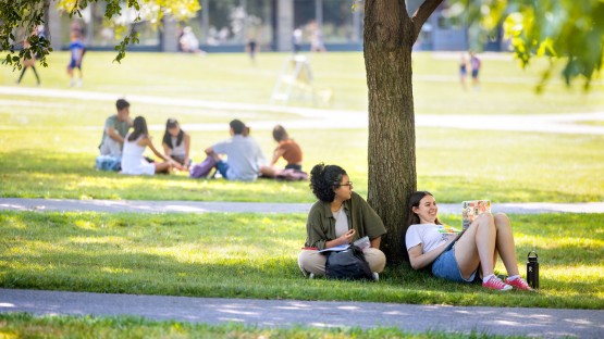 Students work in the shade of the Arts Quad on a warm late summer day.