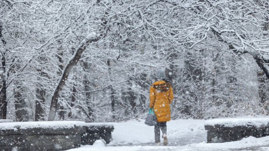 A student walks towards the Engineering Quad in a snowstorm.