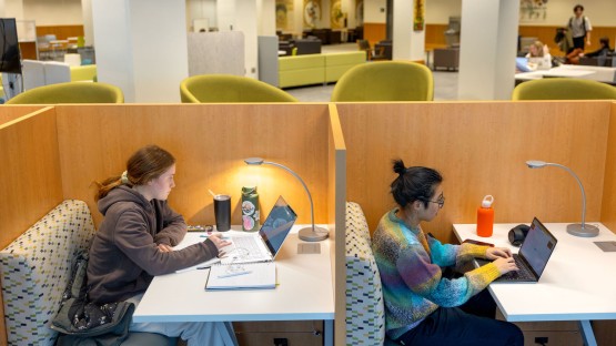 Students work in Mann Library during the first day of spring semester classes.