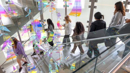 Students descend the staircase in the Human Ecology Building.