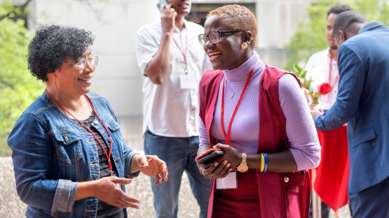 Mandela Washington Fellows gather for an opening reception on Uris Terrace.