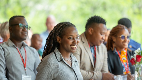 Mandela Washington Fellows gather for an opening reception on Uris Terrace.