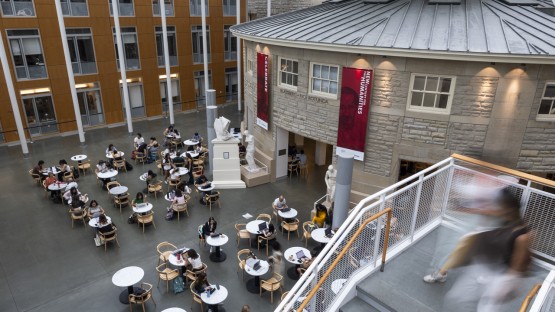 Students work in the Gross Family Atrium in Klarman Hall on the first day of classes.