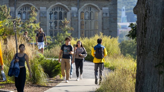 Students detour around McGraw Tower at the top of Libe Slope.
