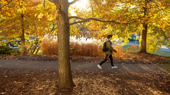 A student walks near Duffield Hall in the evening.