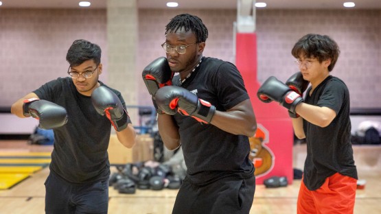 Students in Kevin Seaman’s boxing class in Bartels Hall.