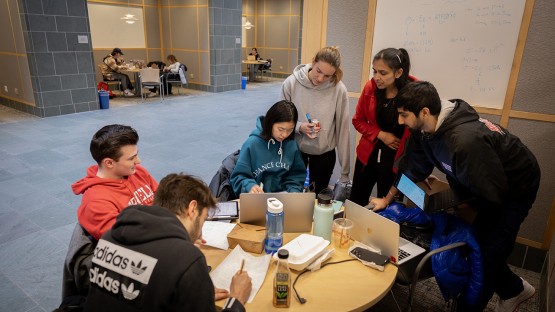 Engineering students work on a team project in Duffield Hall.
