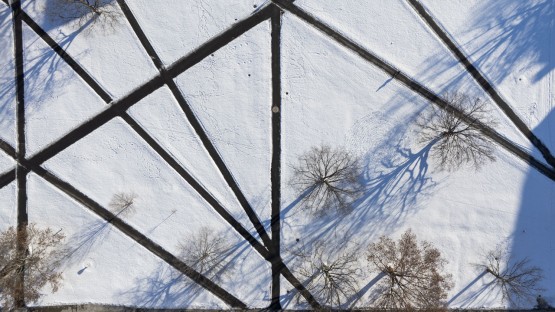 The Arts Quad is seen on a snowy morning.