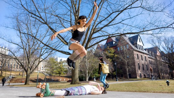 Students practice their roller skating skills on the Arts Quad during February break.